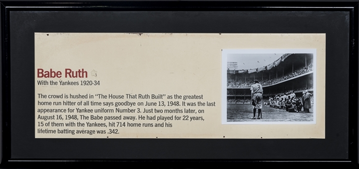 1950s -1970s Framed Babe Ruth Tile Piece Hung At Yankee Stadium